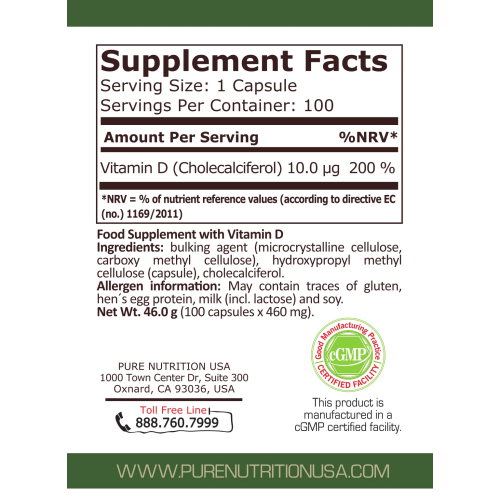 PURE NUTRITION - VITAMIN D-3 400 IU (10 mcg), 100 Capsules - 2